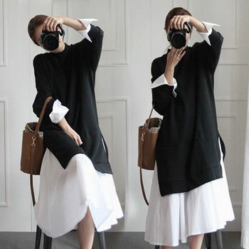 Qooth New Dress Patchwork Loose Pleated Long Dresses Women 2020 Long Sleeve Ins O-neck Beach Dresses Vestidos QH2260